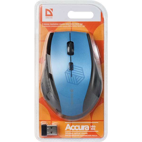 უსადენო ოპტიკური მაუსი Defender Accura MM-365 ლურჯი, 6D, 800-1600 dpi 52366
